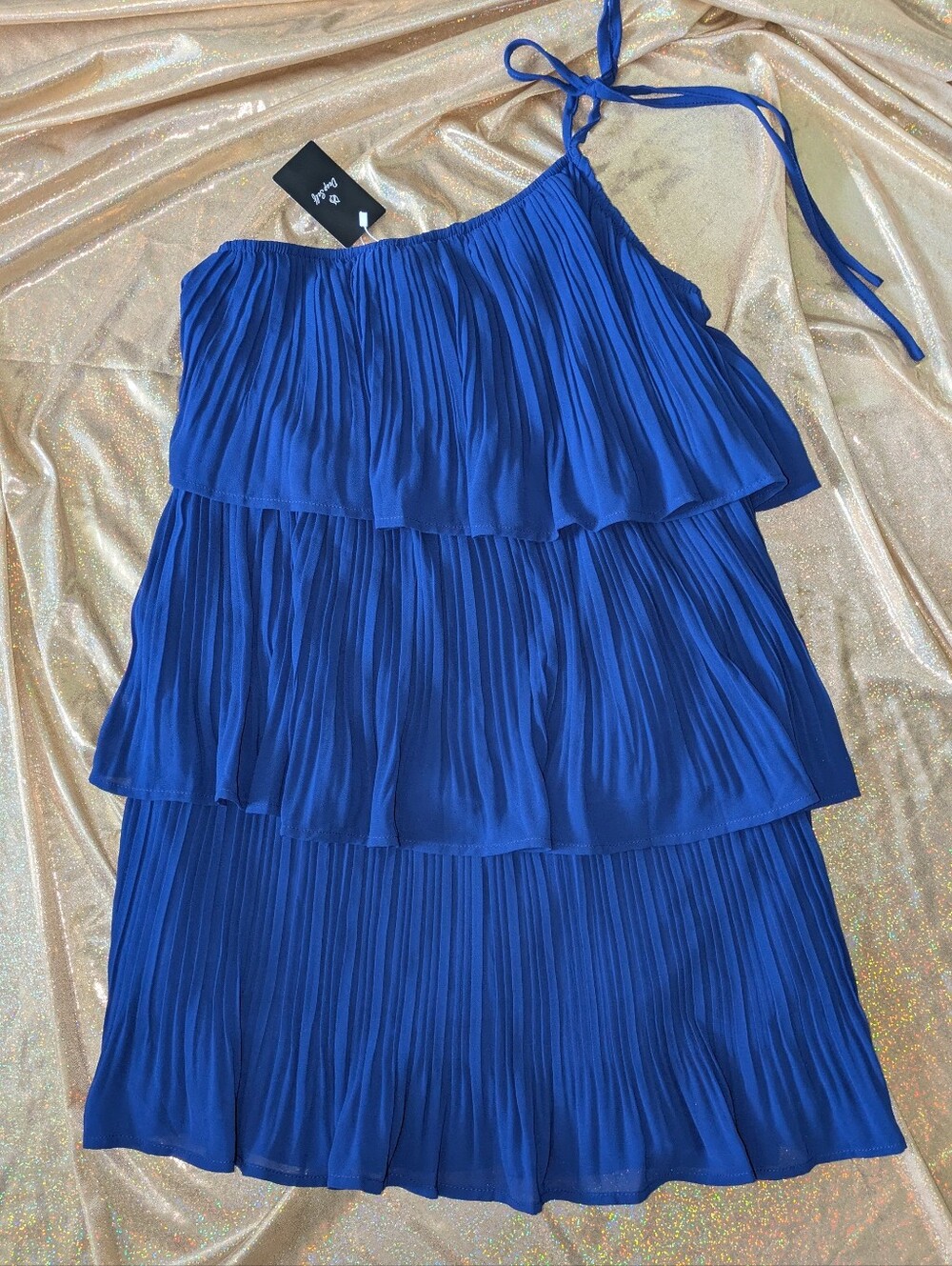 Royal Blue Tiered Pleated One tie Shoulder mini Dress NWT By Deep Self